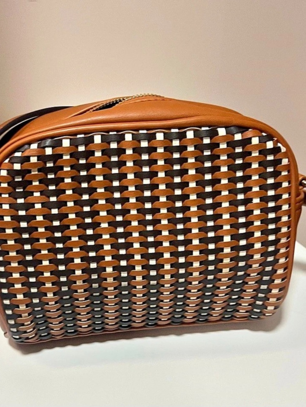 Accessorize London Faux Leather Tan Woven Cross Body Sling Bag Crossbody Bag in
